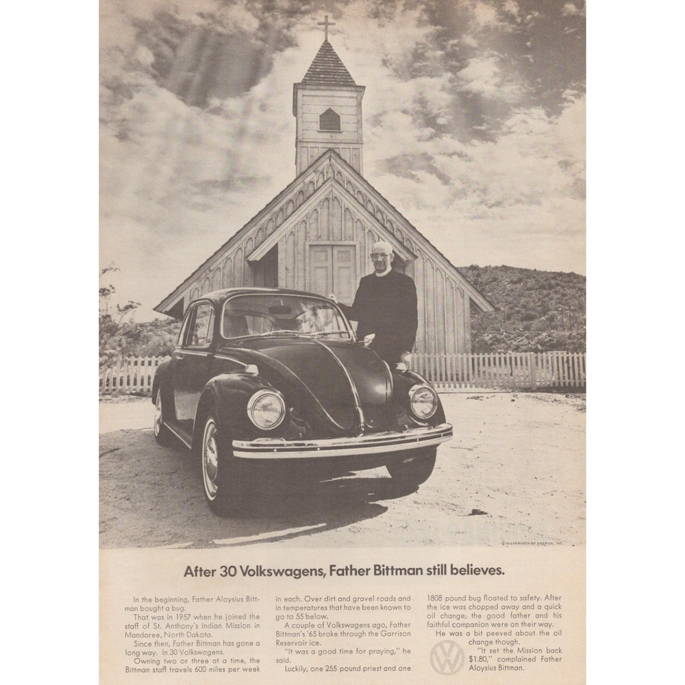 Vintage 1969 Volkswagen Beetle Print Ad Father Bittman Church VW Bug  Decor